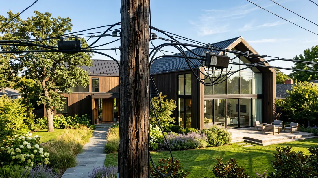 Jardin moderne avec un poteau électrique inesthétique gâchant la vue