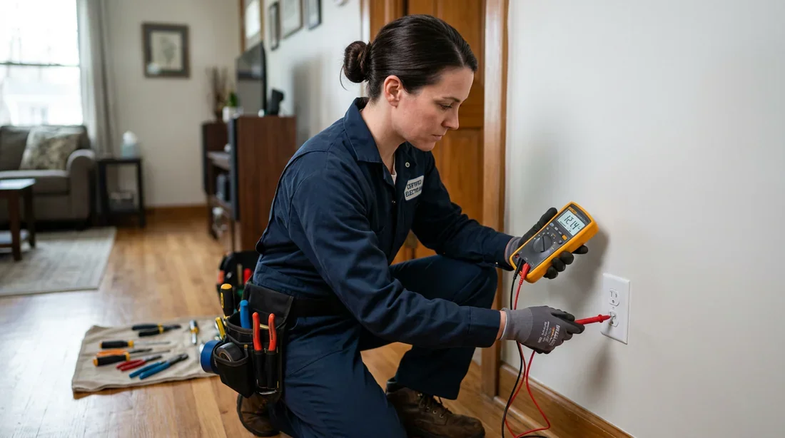 Diagnostic et réparation par un électricien Électricien professionnel effectuant le diagnostic d'une prise murale