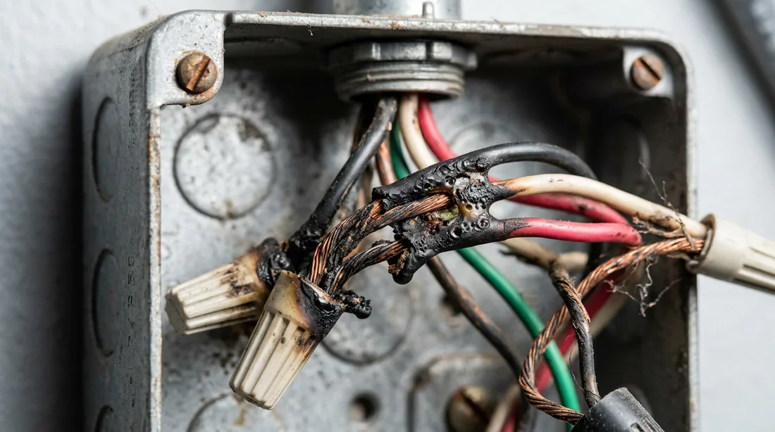 Causes de surchauffe fils électriques fondus Fils électriques fondus à l'intérieur d'un boîtier de prise murale