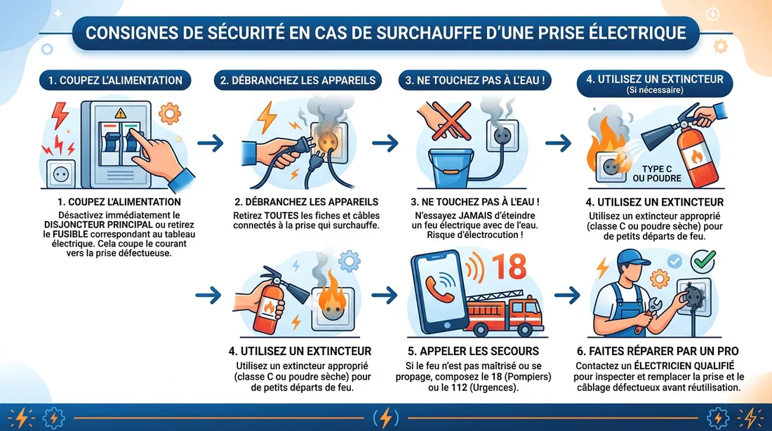 Étapes d'urgence sécurité électrique Infographie des consignes d'urgence en cas de prise électrique qui chauffe