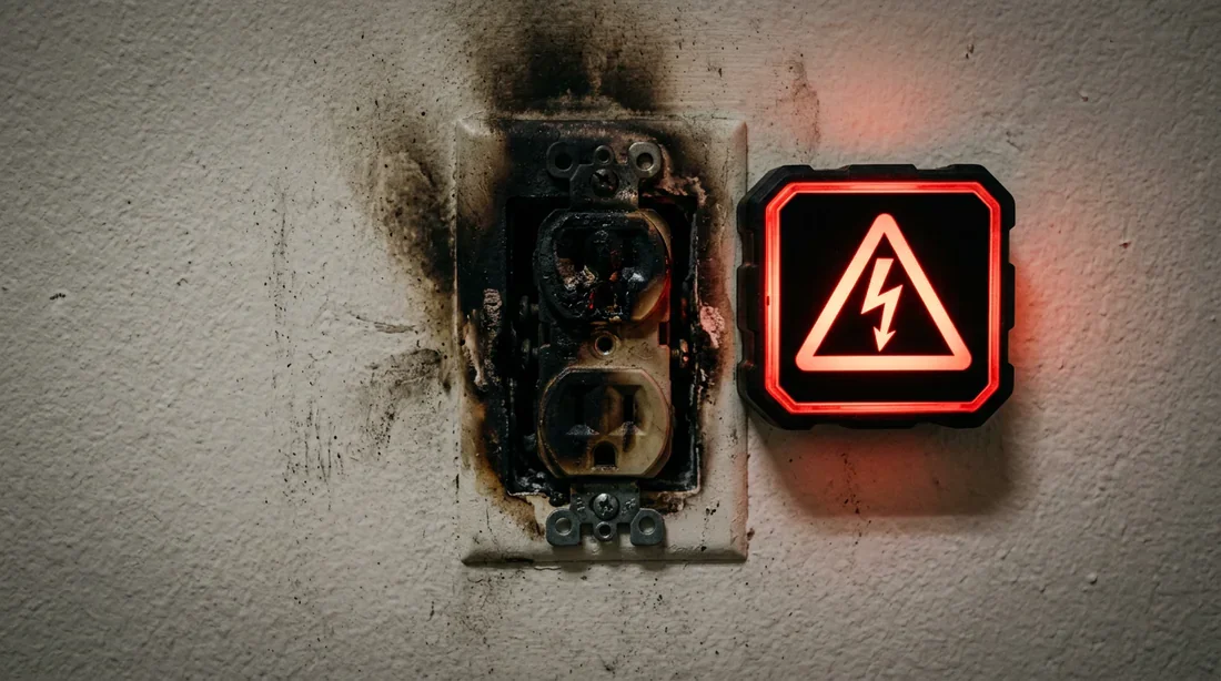 Prise murale noircie et alerte électrique Prise murale électrique noircie par une surchauffe avec un symbole d'avertissement rouge