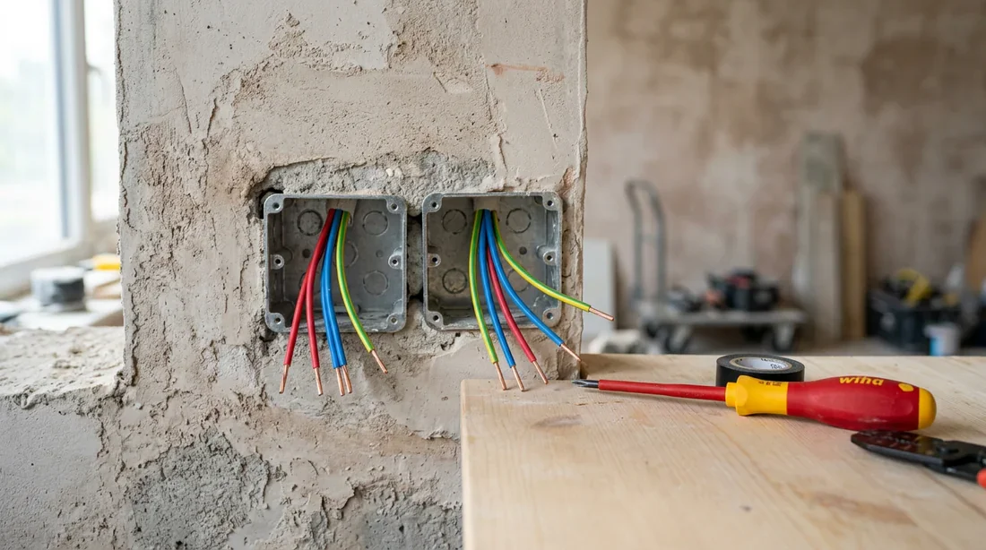 Travaux de rénovation électrique avec boîtes d'encastrement et câbles dénudés