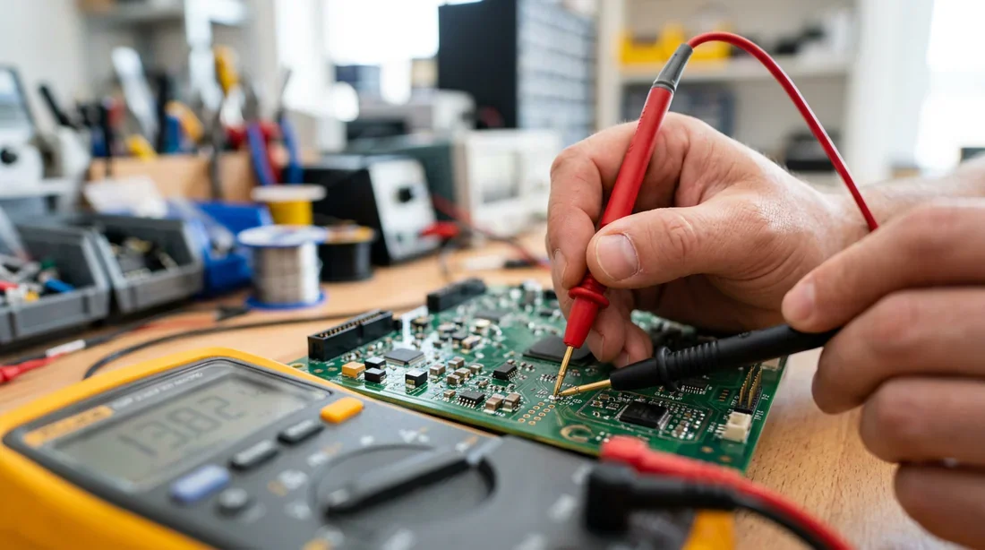 Technicien professionnel réparant une carte électronique de moteur Marantec