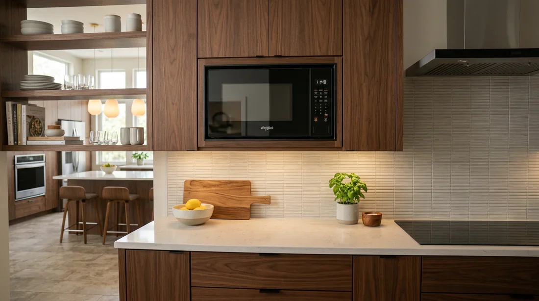 Micro-ondes encastrable Whirlpool design dans une cuisine moderne et lumineuse