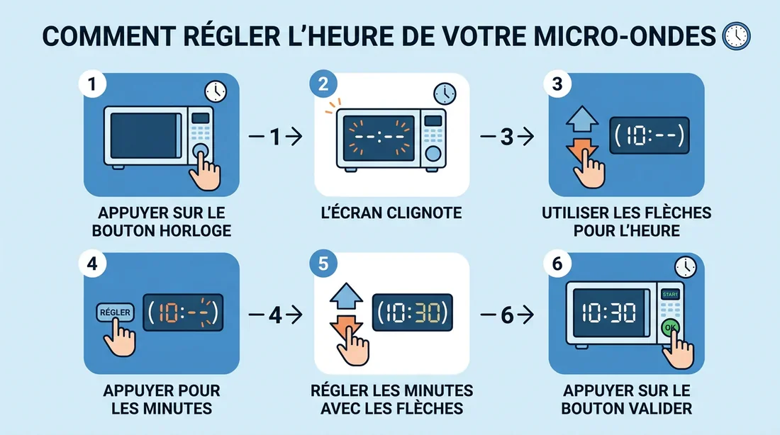 Schéma explicatif pour régler l'heure d'un micro-ondes