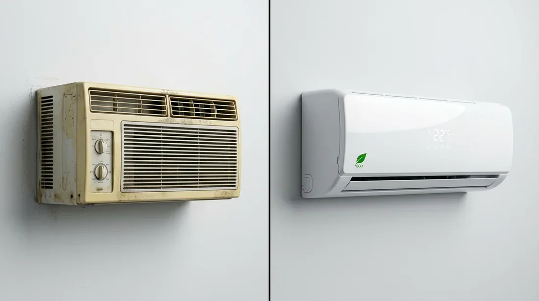 Transition écologique climatisation R22 vers équipement moderne Comparaison entre une ancienne climatisation jaunie au R22 et un split moderne et écologique.