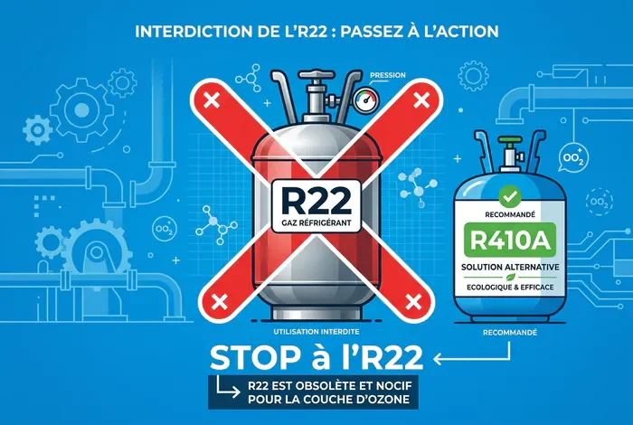 Infographie d'une bonbonne de gaz réfrigérant R22 interdite avec une croix rouge.