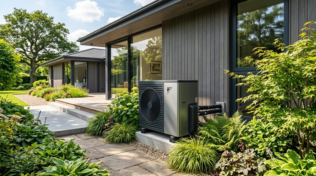 Remplacement par une pompe à chaleur moderne Pompe à chaleur moderne et écologique installée sur une maison individuelle.