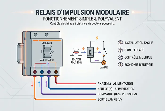 Infographie vectorielle d'un télérupteur avec 4 fils de couleurs rouge, bleu, violet et orange