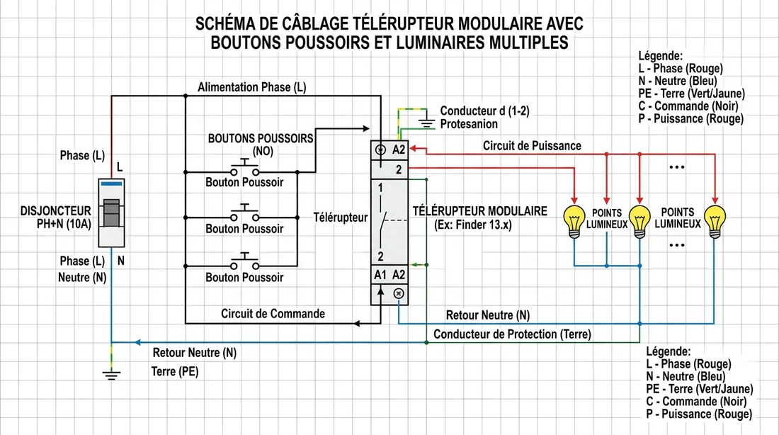 Schéma de câblage complet d'un télérupteur avec boutons-poussoirs