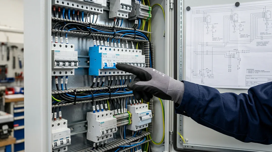Installation et câblage d'un tableau électrique moderne Électricien pointant un disjoncteur neuf sur un tableau électrique moderne ouvert