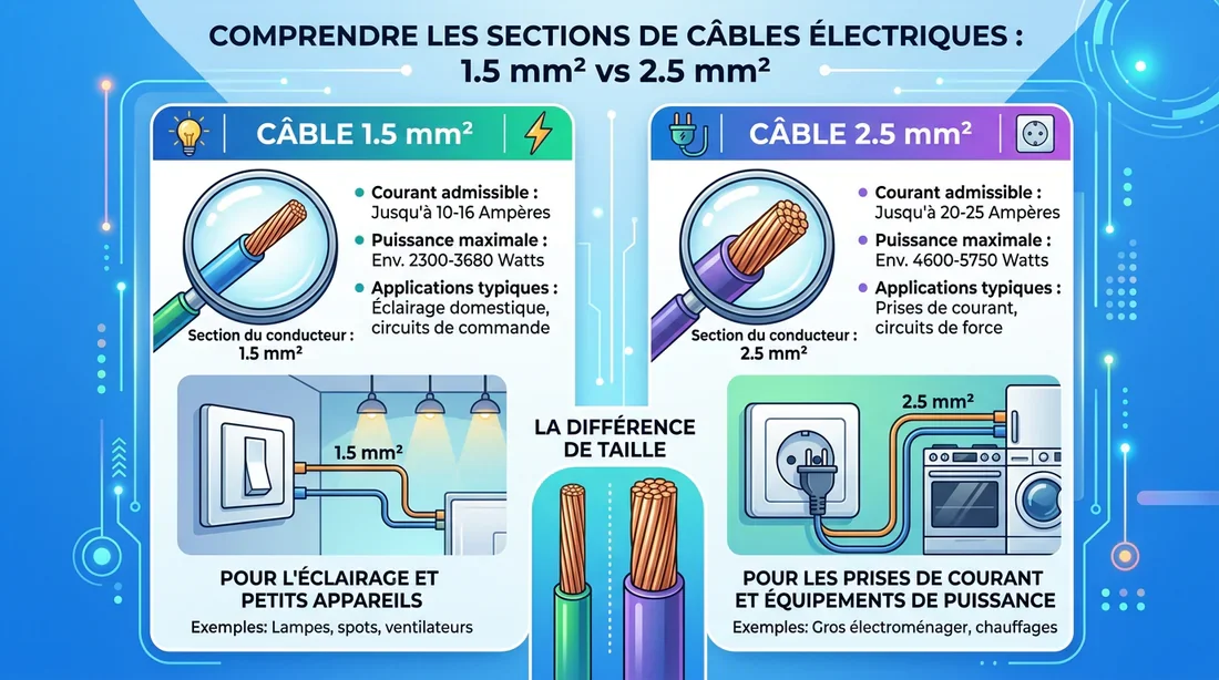 Comparatif des sections de câbles électriques 1.5 mm² et 2.5 mm² Infographie explicative montrant l'utilisation des câbles 1.5 mm² pour l'éclairage et 2.5 mm² pour les prises
