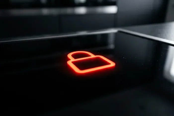 Gros plan sur un voyant lumineux en forme de cadenas sur une plaque vitrocéramique noire