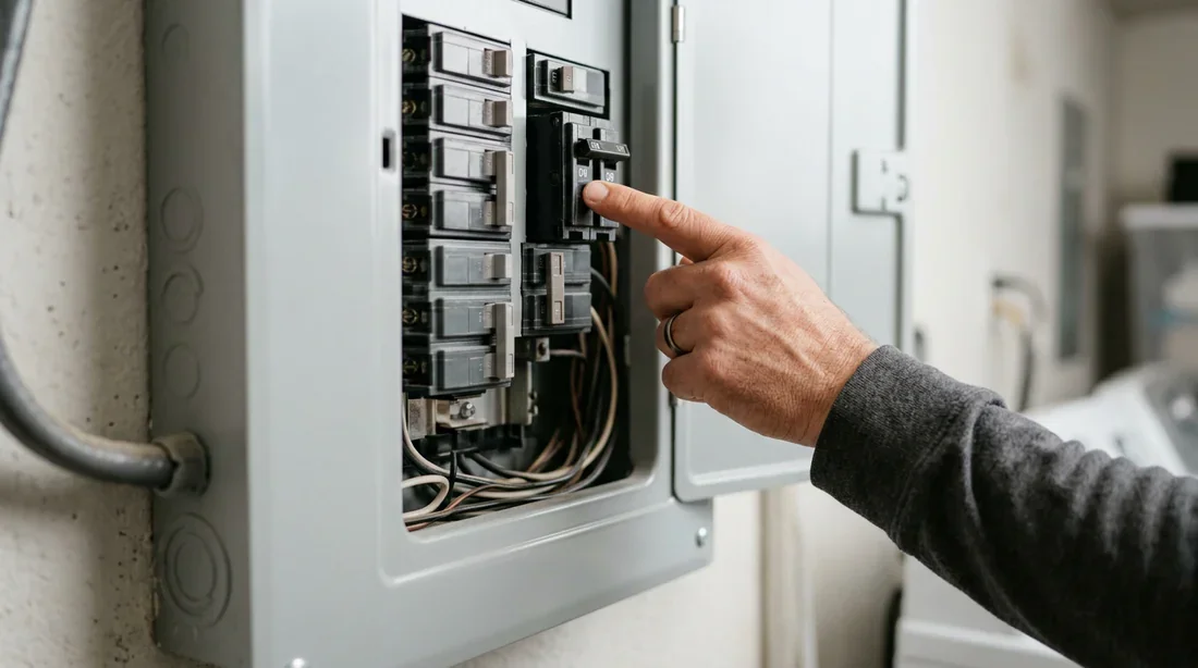 Main réinitialisant un disjoncteur dans un tableau électrique pour débloquer la plaque vitrocéramique