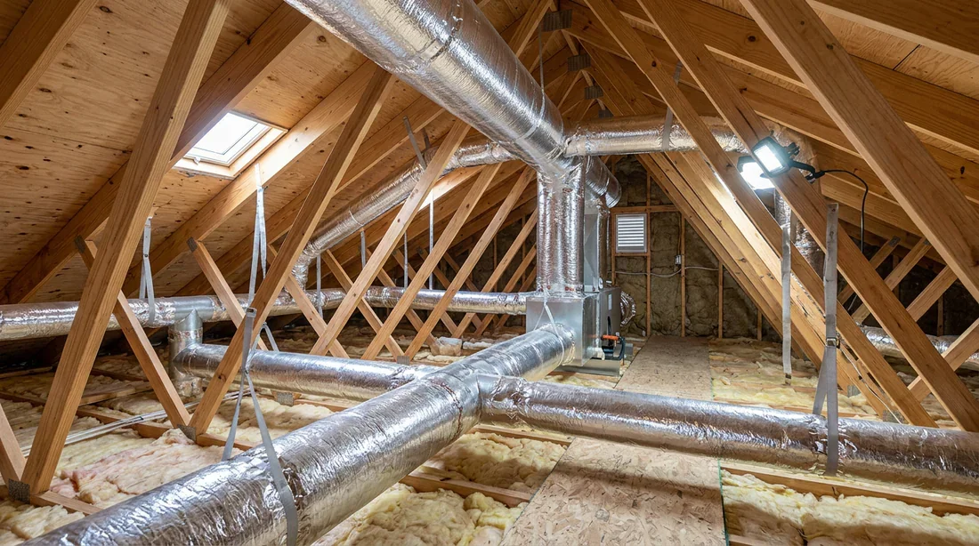 Installation de gaines d'air isolées dans les combles d'une maison individuelle