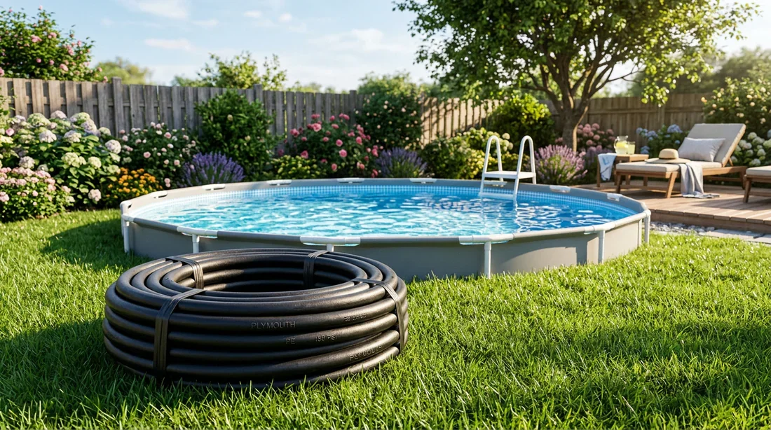 Chauffage solaire de piscine avec un tuyau noir Plymouth enroulé dans le jardin ensoleillé