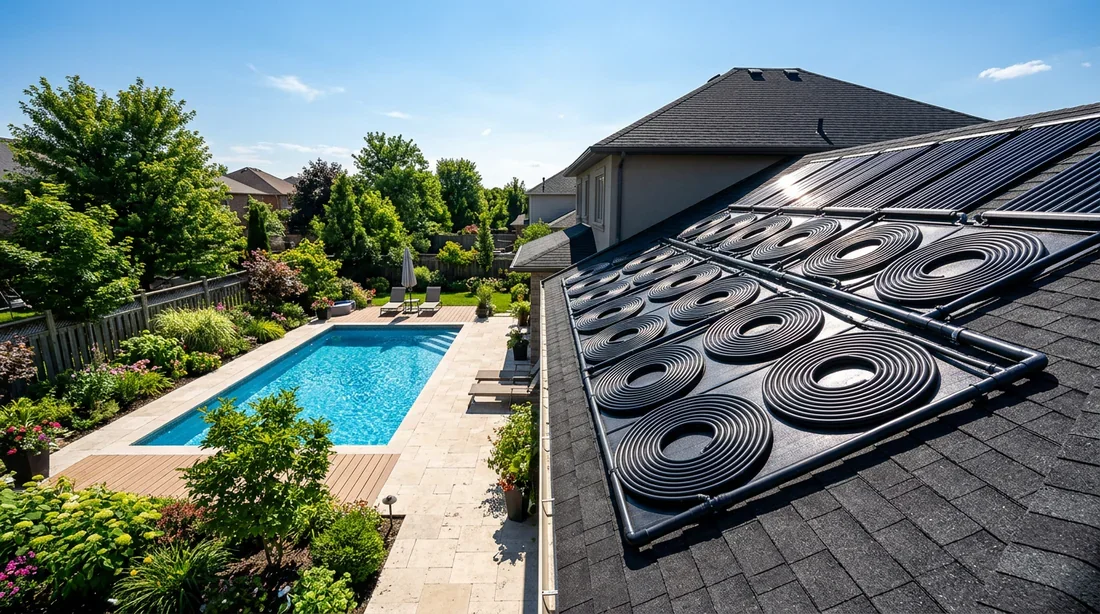 Couronnes de tuyaux noirs installées sur un toit pour maximiser la chauffe solaire