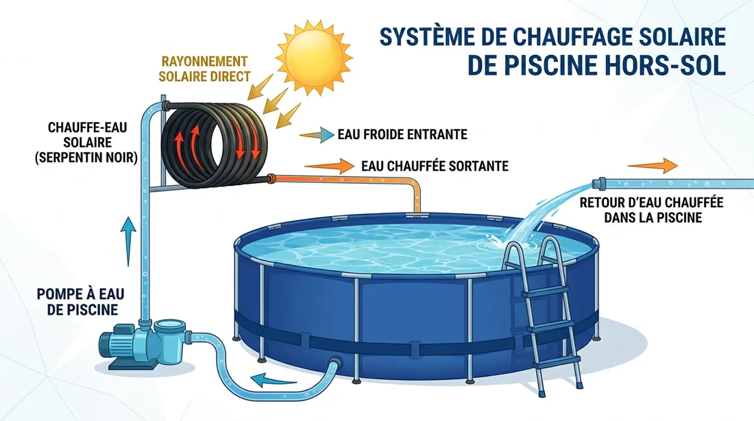 Schéma explicatif du fonctionnement du chauffage solaire de piscine par tuyau noir