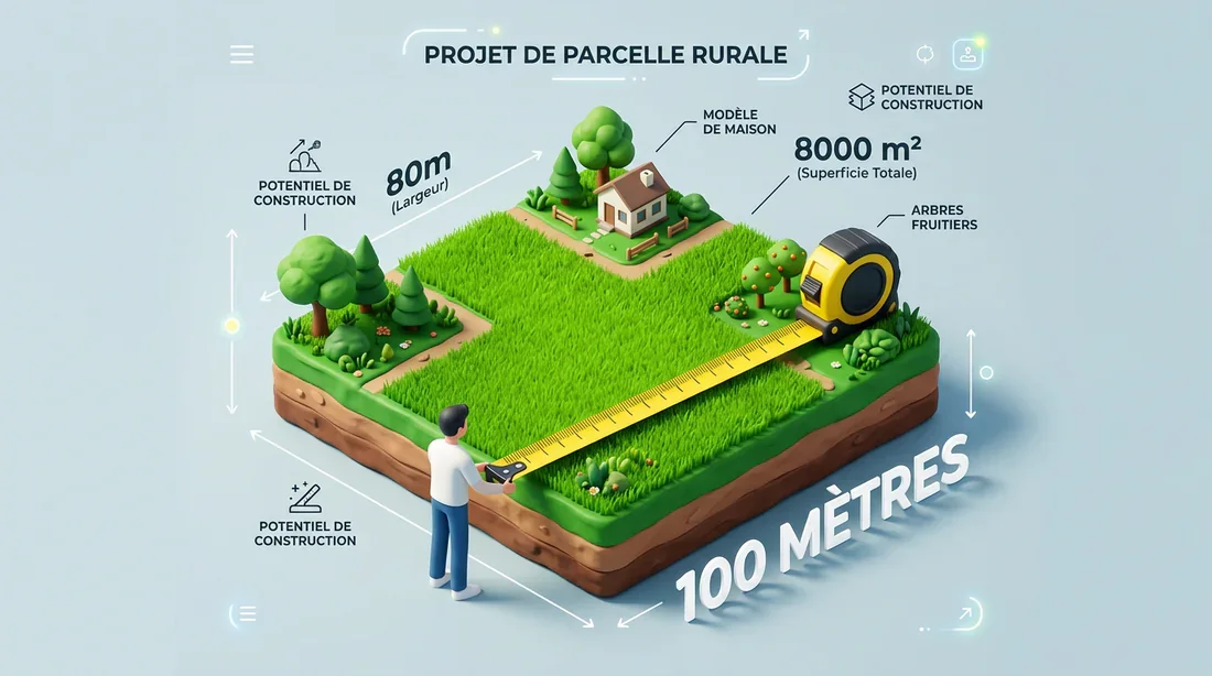 Infographie 3D isométrique montrant la mesure d'une parcelle de terrain d'un hectare