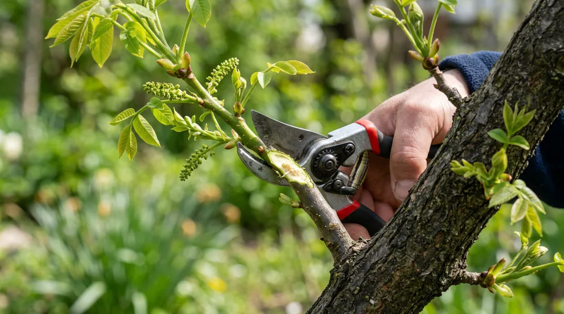 Coupe précise d'un rameau de noyer avec un sécateur de jardinier