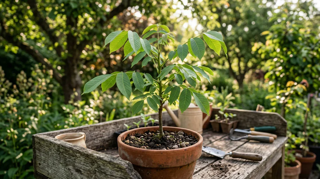 Jeune noyer repiqué en pot développant de nouvelles feuilles green