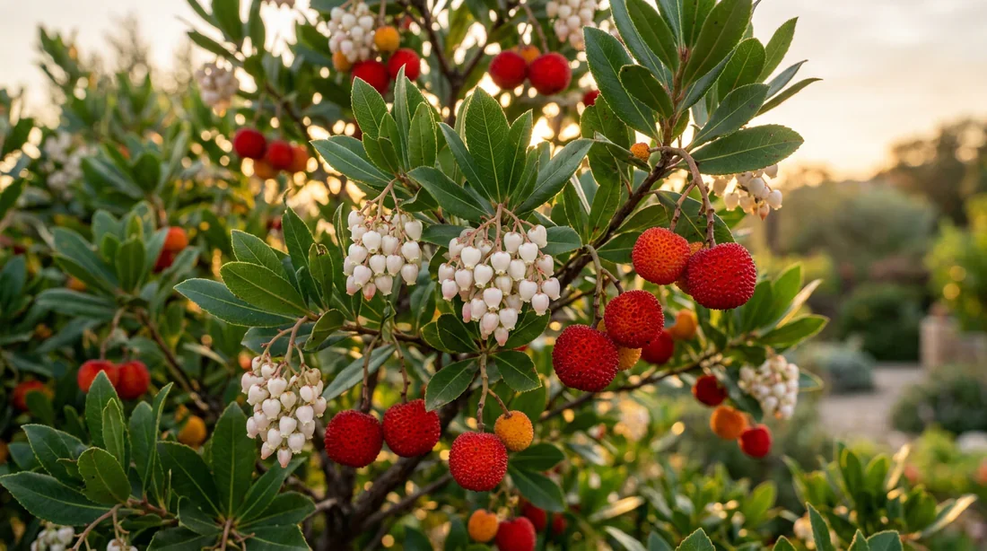 Arbousier en pleine santé avec ses fleurs blanches et ses fruits rouges