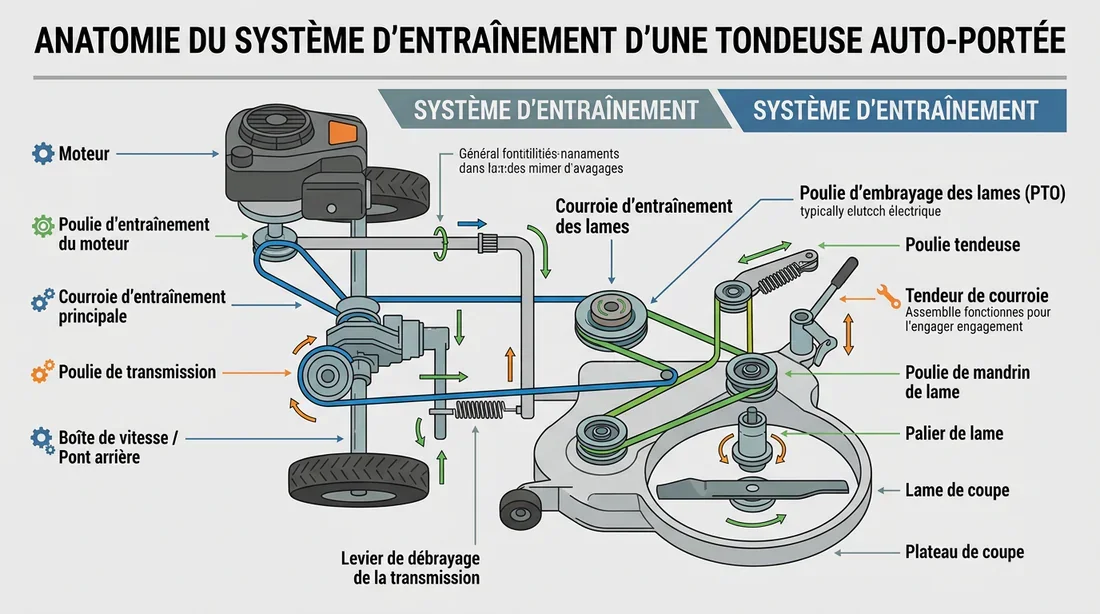 Schéma technique des composants de transmission d'un tracteur tondeuse