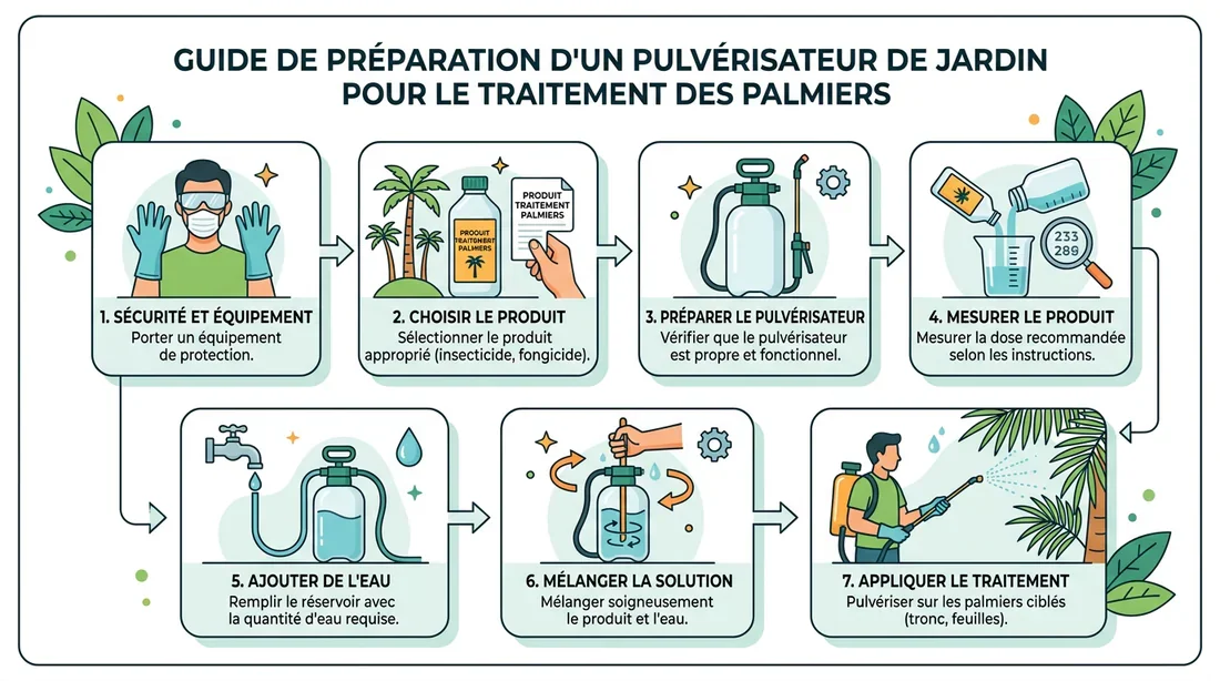 Comment préparer le mélange insecticide Infographie des étapes de préparation du pulvérisateur pour palmier
