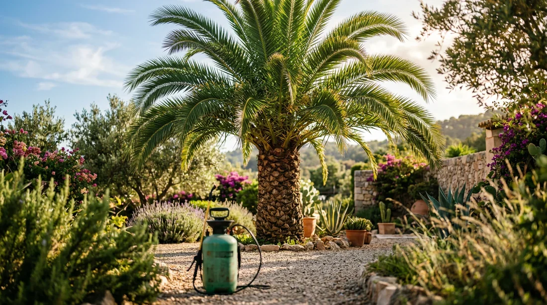 Entretien des palmiers avec traitement insecticide Un magnifique palmier Phoenix canariensis dans un jardin ensoleillé avec un pulvérisateur au premier plan