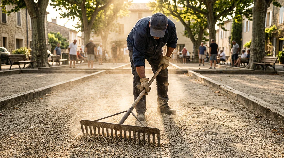 Nivellement du terrain de pétanque avec un râteau
