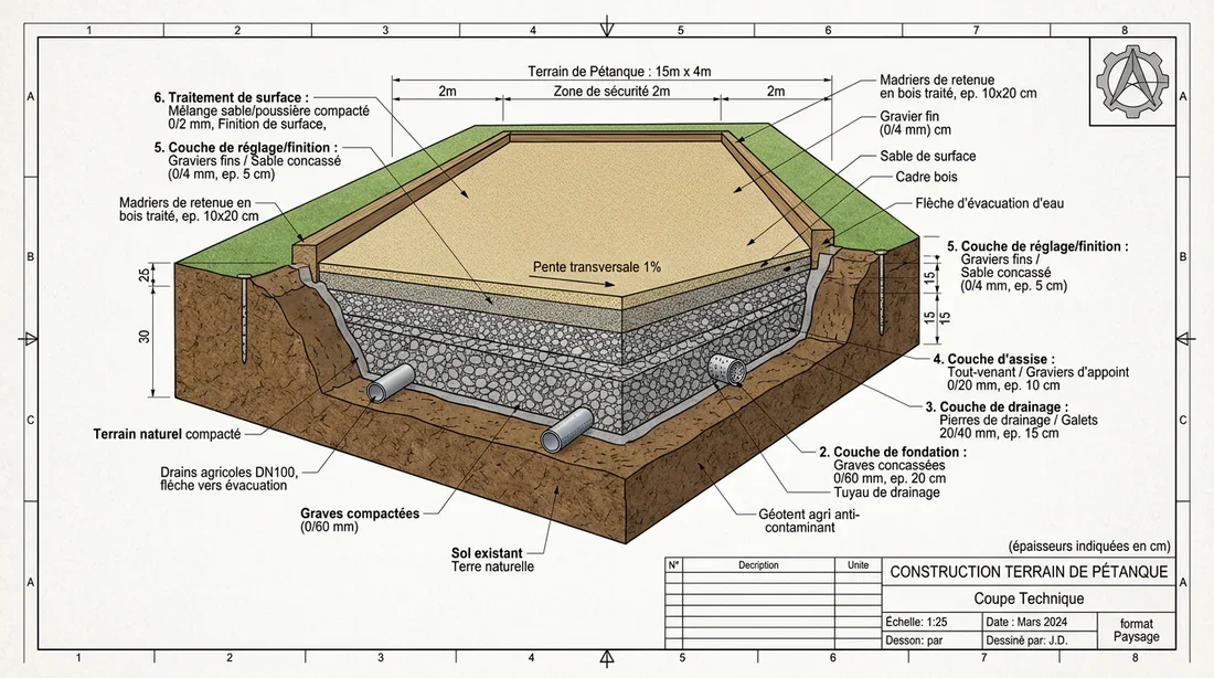 Schéma technique des couches d'un terrain de pétanque