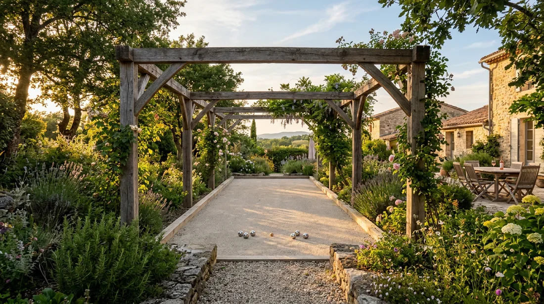 Terrain de pétanque flambant neuf avec bordures en chêne