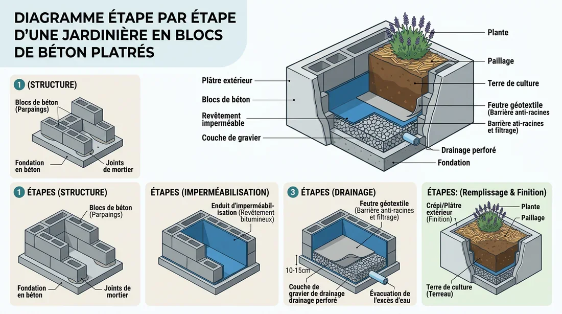Schéma technique des couches d'étanchéité et de drainage d'une jardinière en parpaing