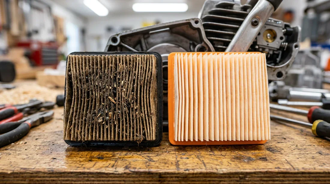 Comparaison filtre à air encrassé et propre pour tronçonneuse