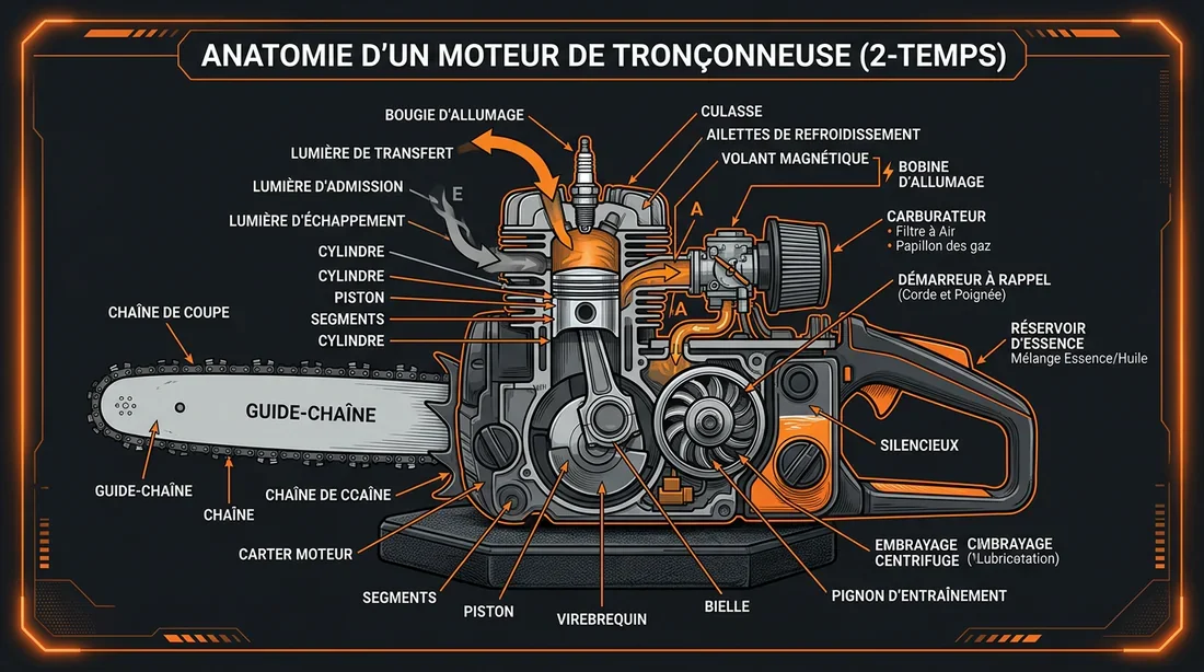 Schéma technique des composants d'une tronçonneuse Husqvarna