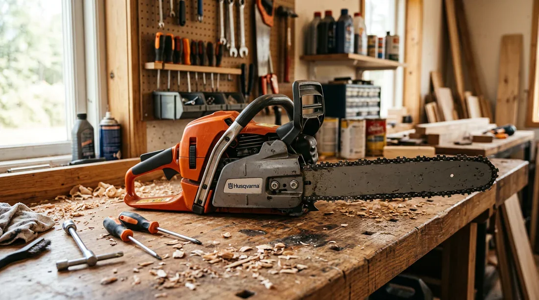 Tronçonneuse Husqvarna 562 XP sur un établi d'atelier professionnel