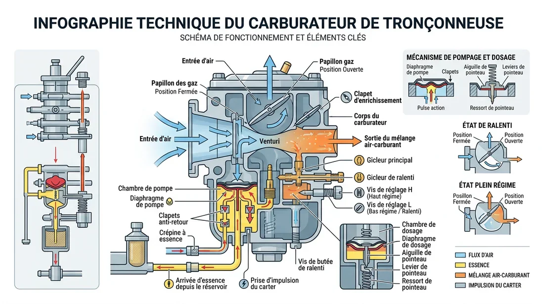 Diagnostic et réparation de la tronçonneuse Husqvarna 572 XP en atelier Mécanicien professionnel réparant une tronçonneuse Husqvarna 572 XP sur un établi en atelier