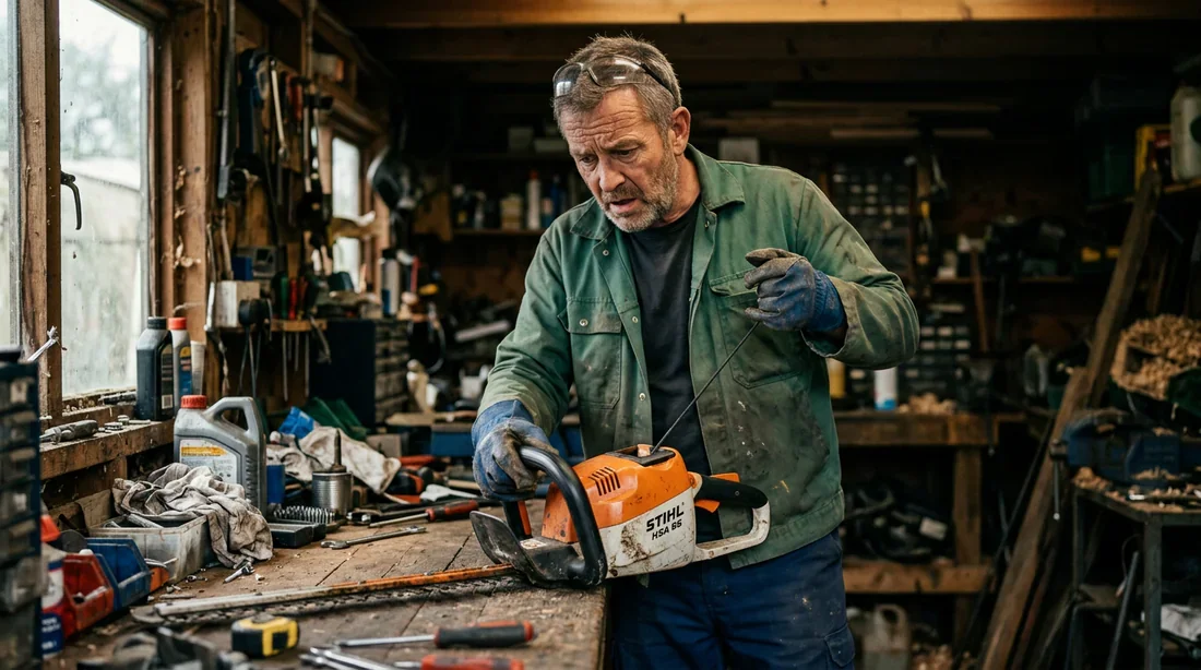 Jardinier perplexe tentant de démarrer son taille-haie Stihl HS 45 dans son atelier