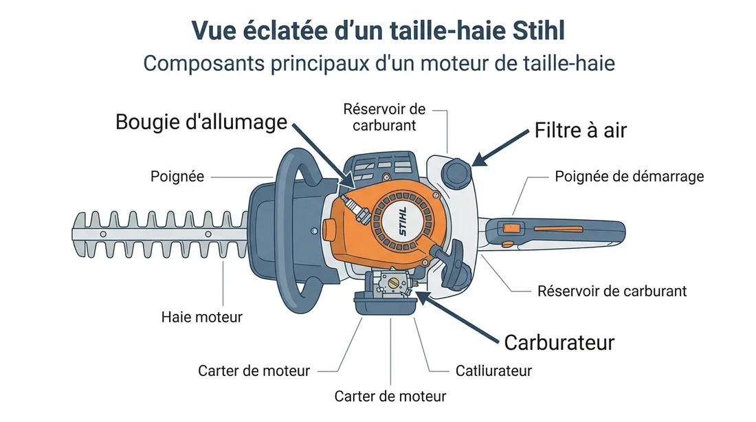 Schéma technique des composants principaux du taille-haie Stihl HS 45