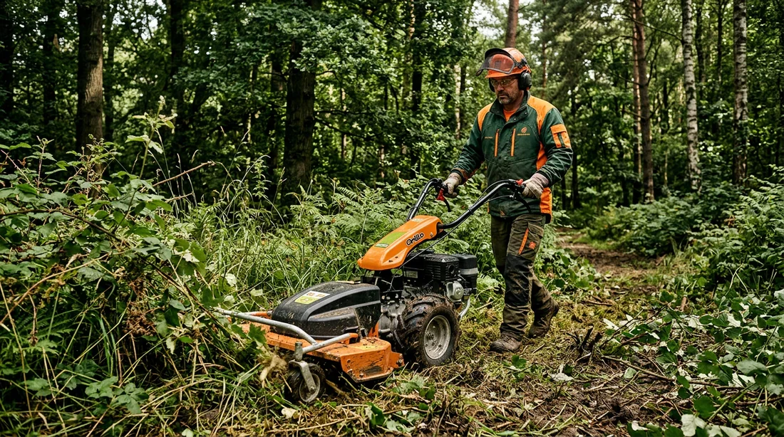 Débroussailleuse Grillo en forêt Utilisation d'une débroussailleuse Grillo dans un terrain dense