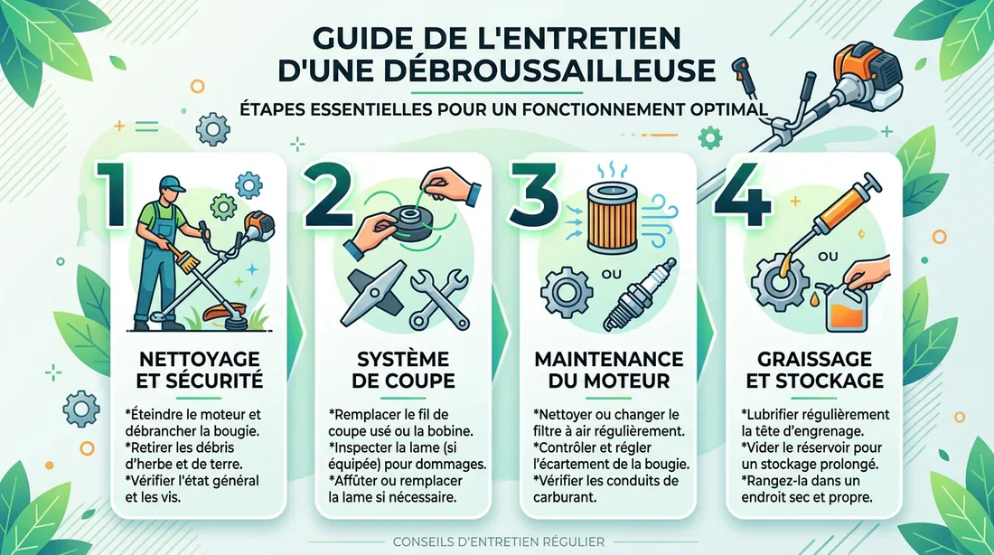 Infographie des étapes de maintenance de la débroussailleuse