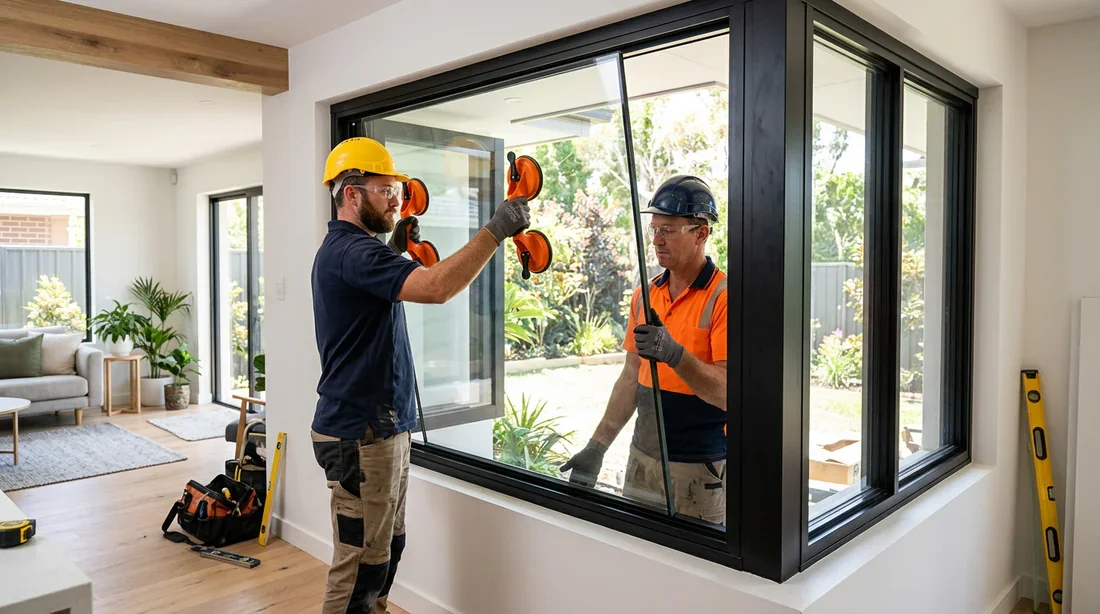 Artisans professionnels posant une baie vitrée coulissante sur un chantier de rénovation