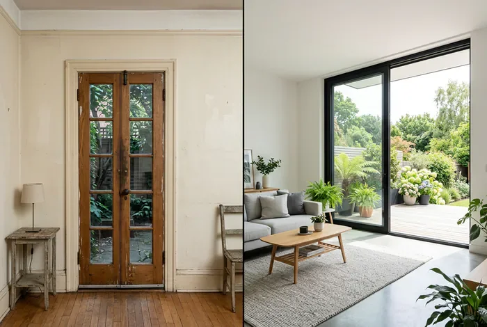 Comparatif avant-après rénovation avec installation d'une grande baie vitrée
