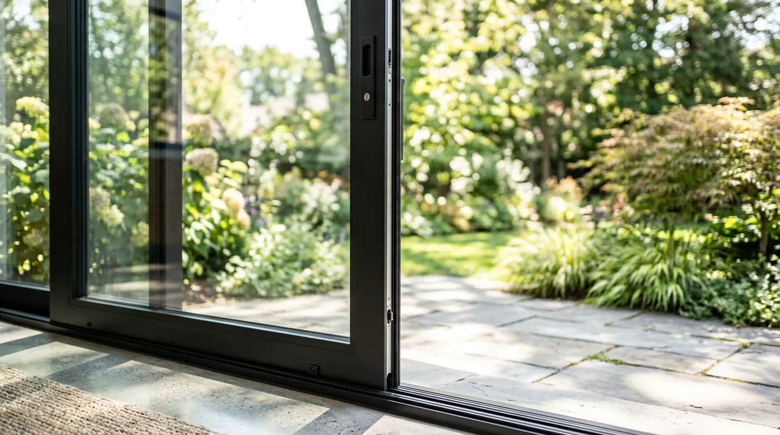 Gros plan sur le profilé fin d'une baie vitrée coulissante en aluminium noir