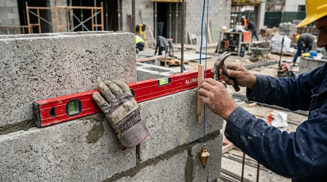 Alignement préalable des taquets de repère à l'aide d'un niveau à bulle sur un mur brut