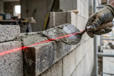 Gros plan sur la pose d'un taquet au mortier aligné avec un niveau laser rouge