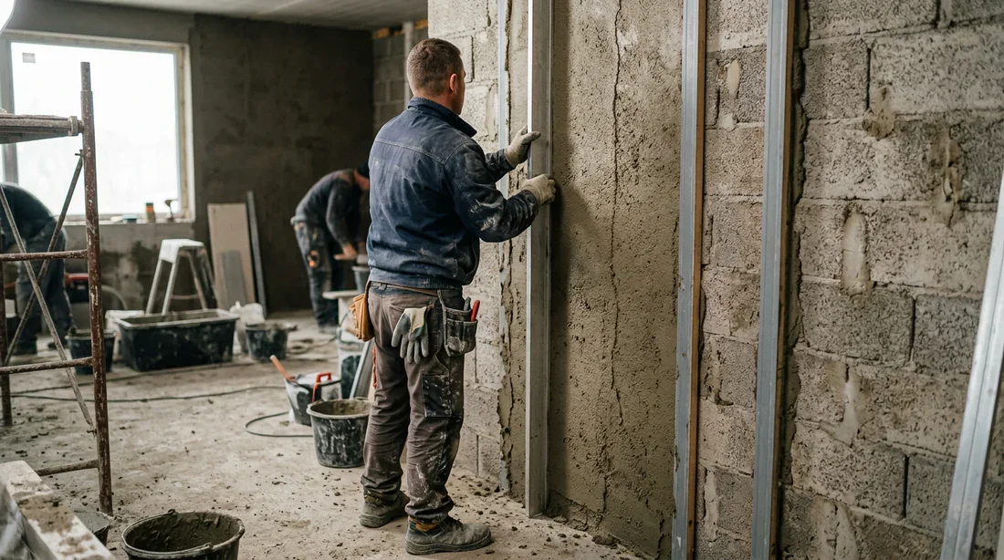 Maçon de dos tirant une règle en aluminium le long de bandes de dressement sur mur en parpaing