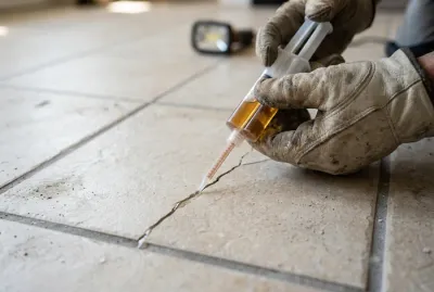 Mains utilisant une seringue de résine pour réparer une fissure de carrelage