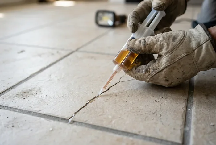 Mains utilisant une seringue de résine pour réparer une fissure de carrelage