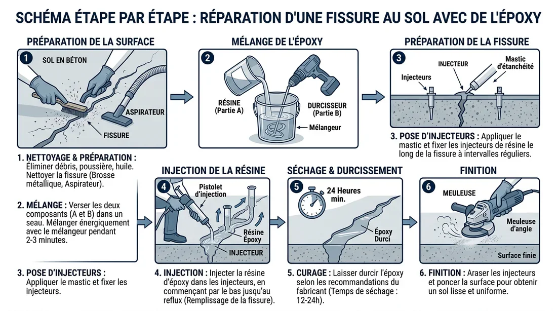 Étapes d'application de la résine Schéma technique expliquant l'application de la résine époxy